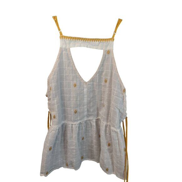 The Impeccable Pig Womens Sleeveless Peplum Top M White & Mustard Embroidered - Picture 4 of 9